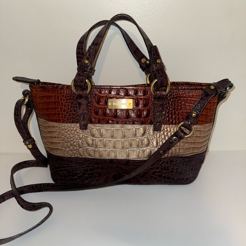 Brahmin Multi-Tone Crocodile Embossed Mini Asher Satchel Brown & Tan Leather
